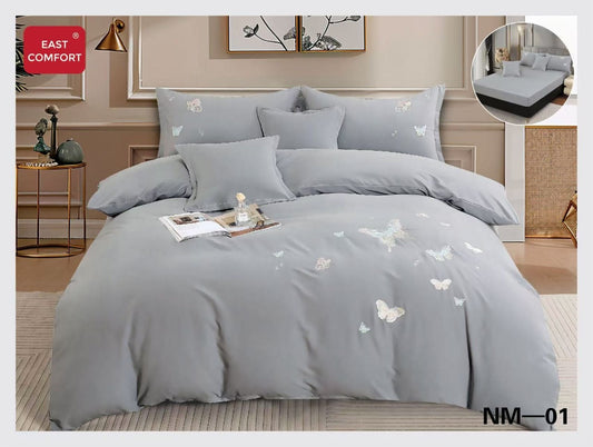 Lenjerie 6 Piese Din Bumbac Satinat Premium, cu Elastic si Fluturi Imprimati, Gri Deschis-D10063