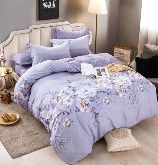 Lenjerie Pat Dublu din Finet, 6 Piese, cu Elastic, Lila/Flori-C8687