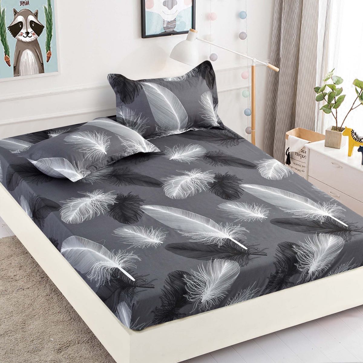 Husa de Pat cu Elastic, Din Finet, 180x200cm+2 fete de perna, Pene-C8764