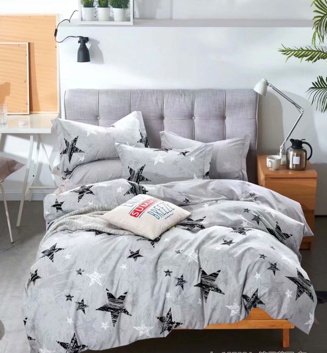 Lenjerie Pat Dublu din Finet, 6 Piese, cu Elastic, Gri/Stele-C8688
