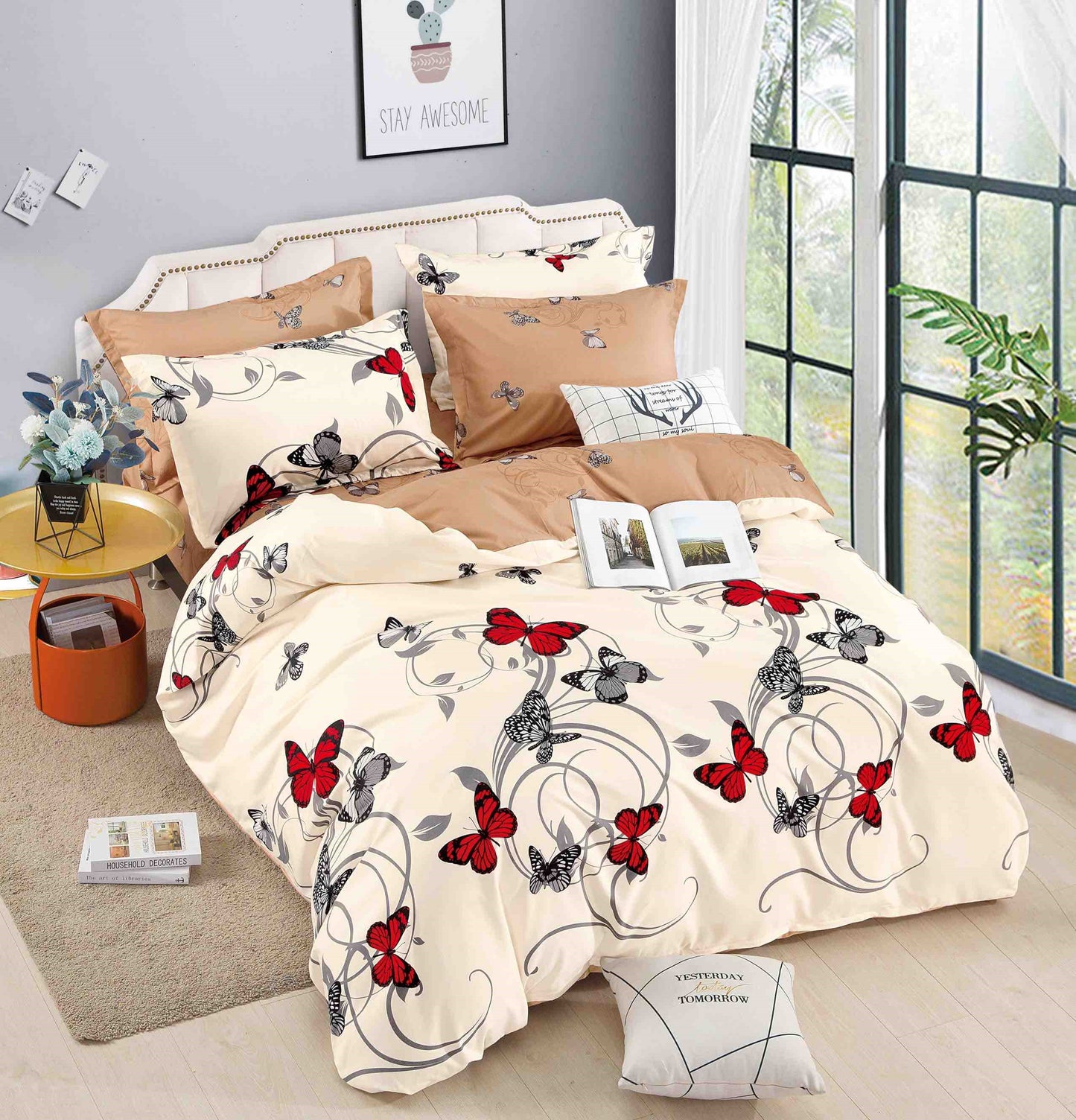 Lenjerie Pat Dublu din Finet, 6 Piese, cu Elastic, Crem/Fluturi-C8696