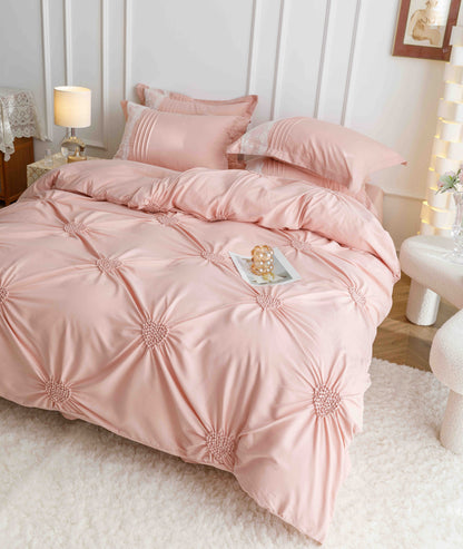 Lenjerie Bumbac Finetat Premium, Soft Touch, 6 Piese, cu Inimi Brodate, Roz Pudra-C9599