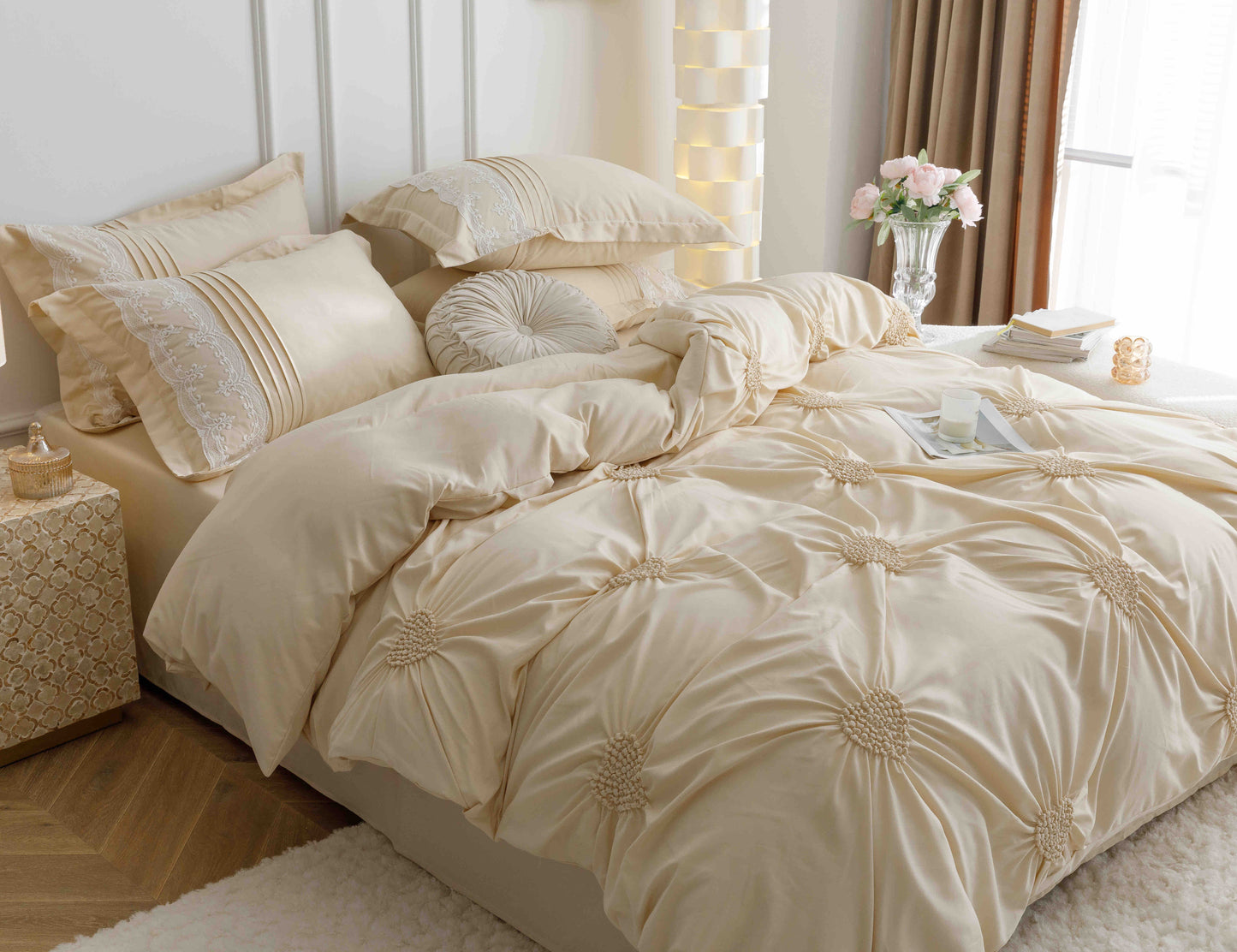 Lenjerie Bumbac Finetat Premium, Soft Touch, 6 Piese, cu Inimi Brodate, Crem-C9600