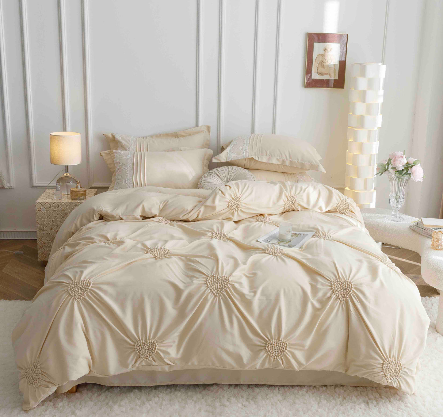 Lenjerie Bumbac Finetat Premium, Soft Touch, 6 Piese, cu Inimi Brodate, Crem-C9600