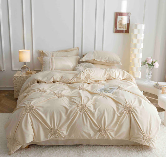 Lenjerie Bumbac Finetat Premium, Soft Touch, 6 Piese, cu Inimi Brodate, Crem-C9600