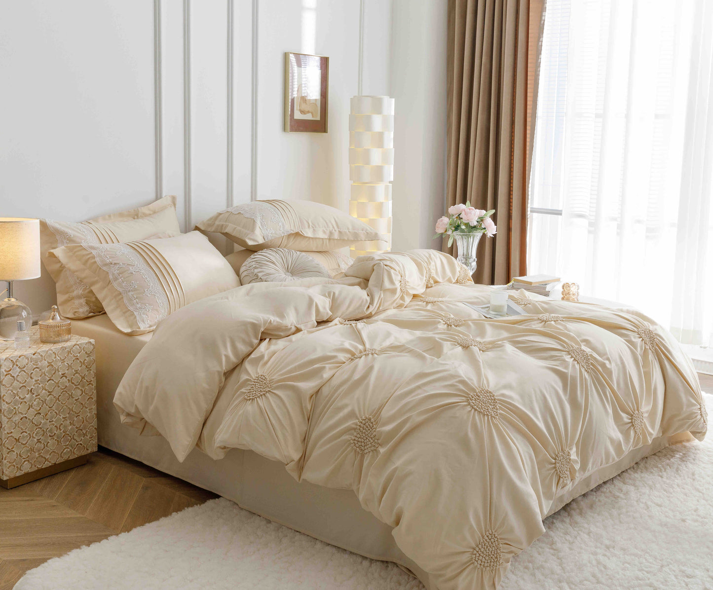 Lenjerie Bumbac Finetat Premium, Soft Touch, 6 Piese, cu Inimi Brodate, Crem-C9600