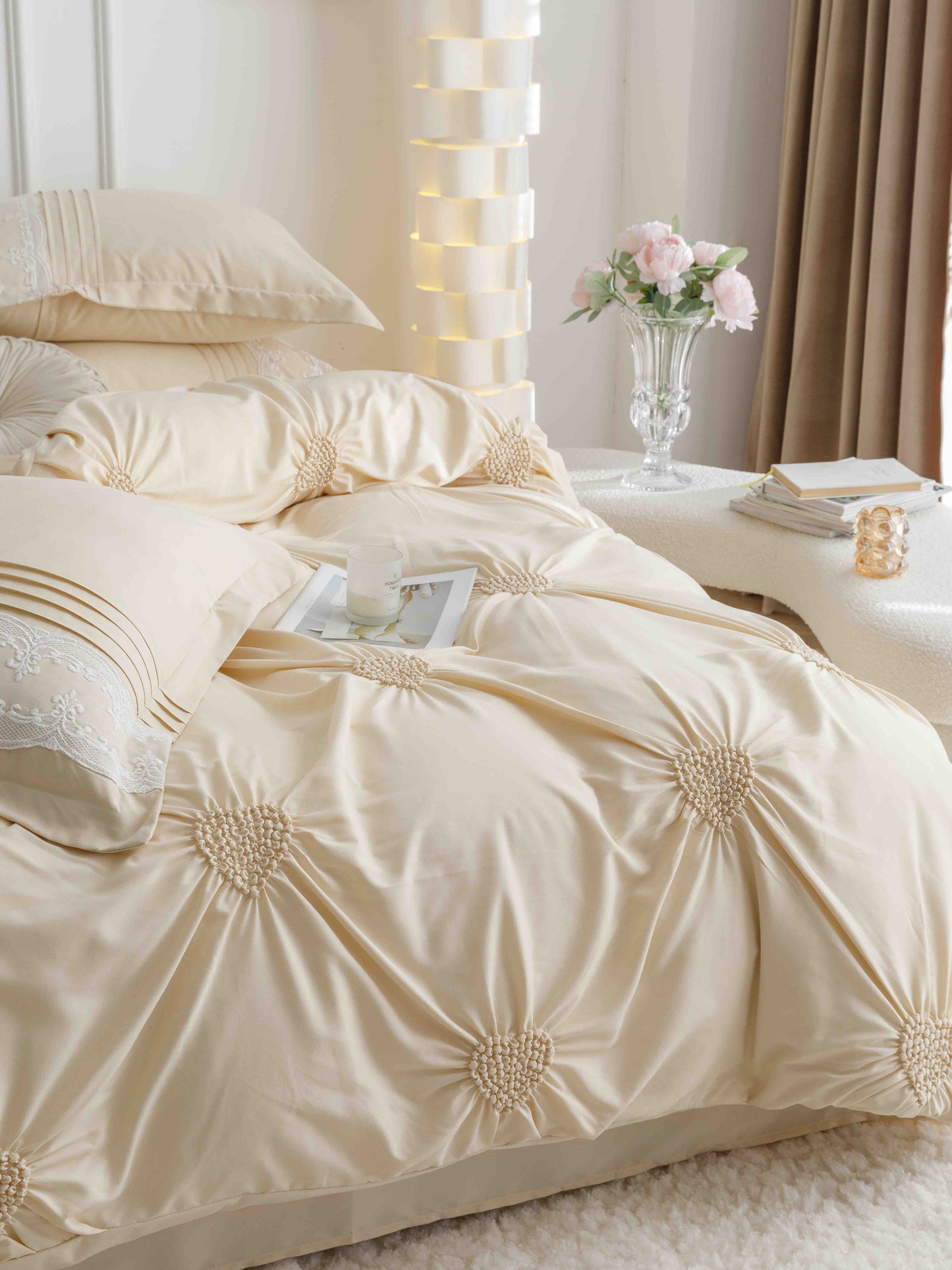 Lenjerie Bumbac Finetat Premium, Soft Touch, 6 Piese, cu Inimi Brodate, Crem-C9600