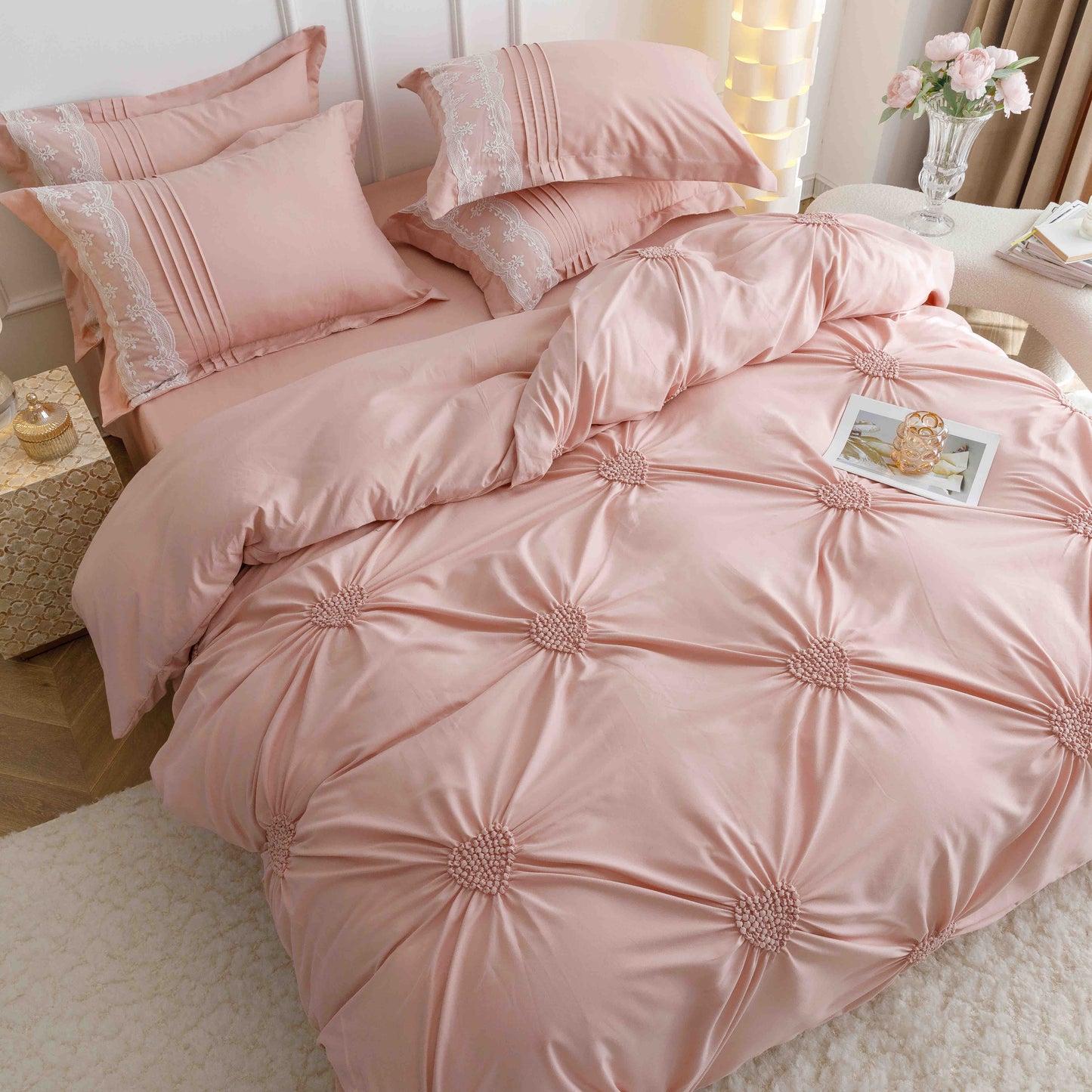 Lenjerie Bumbac Finetat Premium, Soft Touch, 6 Piese, cu Inimi Brodate, Roz Pudra-C9599