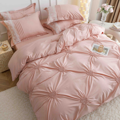 Lenjerie Bumbac Finetat Premium, Soft Touch, 6 Piese, cu Inimi Brodate, Roz Pudra-C9599