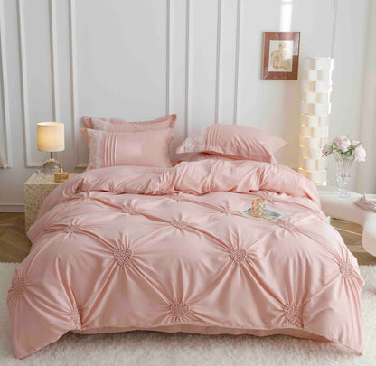 Lenjerie Bumbac Finetat Premium, Soft Touch, 6 Piese, cu Inimi Brodate, Roz Pudra-C9599