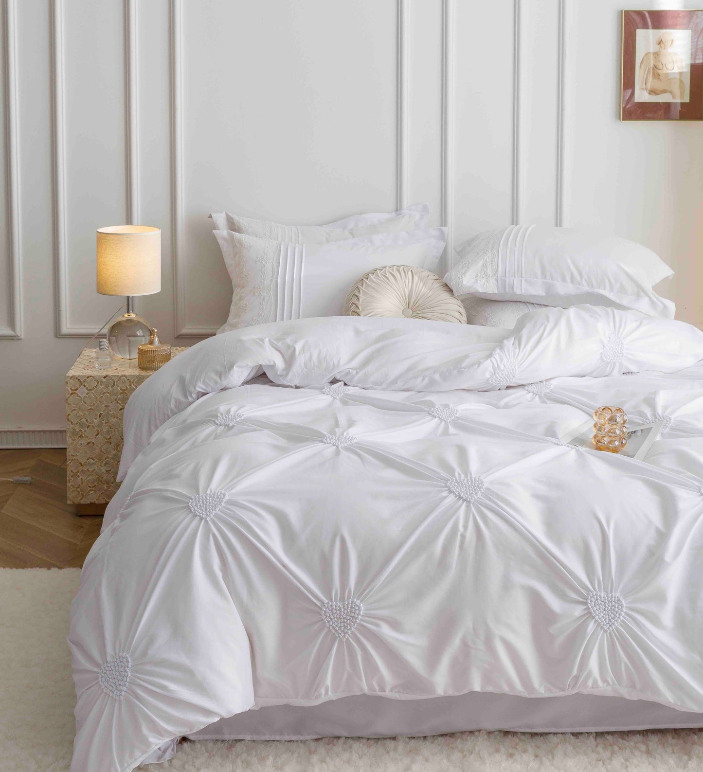 Lenjerie Bumbac Finetat Premium, Soft Touch, 6 Piese, cu Inimi Brodate, Alb-C9598