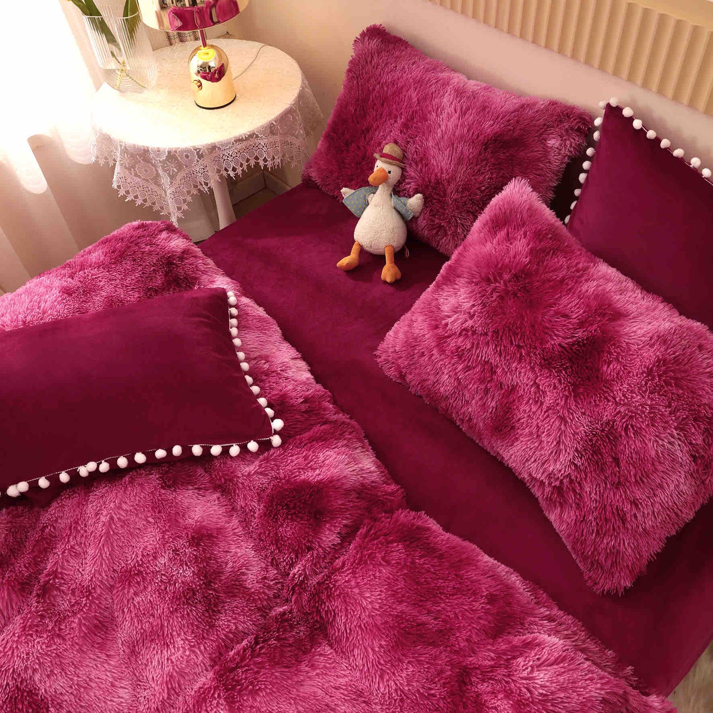 Lenjerie Cocolino Fluffy, Pufoasa, cu Ciucuri, 6 Piese, Burgundy-C4534