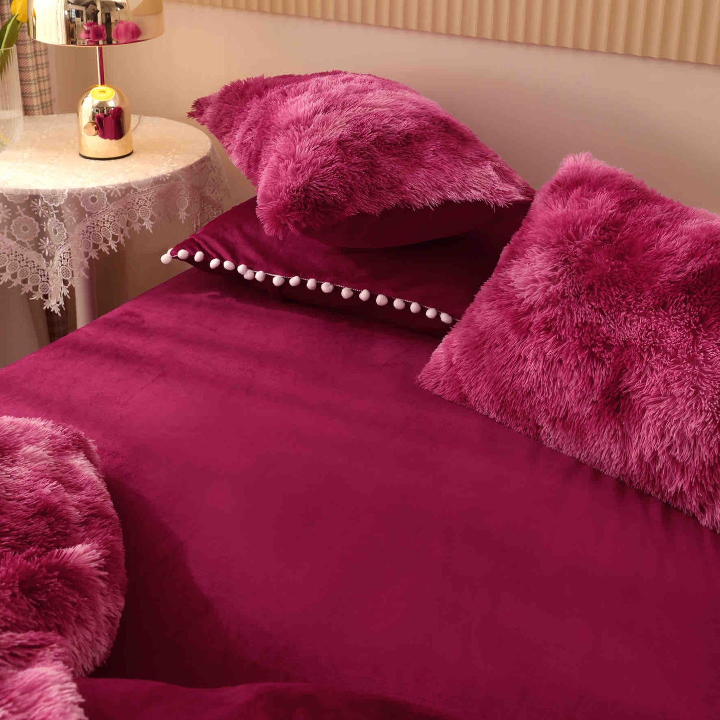 Lenjerie Cocolino Fluffy, Pufoasa, cu Ciucuri, 6 Piese, Burgundy-C4534