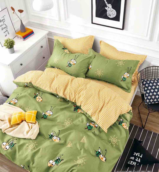 Lenjerie Pat Dublu din Finet, 6 Piese, cu Elastic, Verde/Albinute-C8698