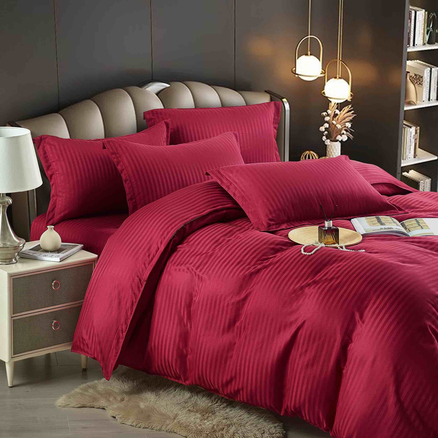 Lenjerie Bumbac Damasc Deluxe, 6 Piese cu Elastic, Grena-C5083