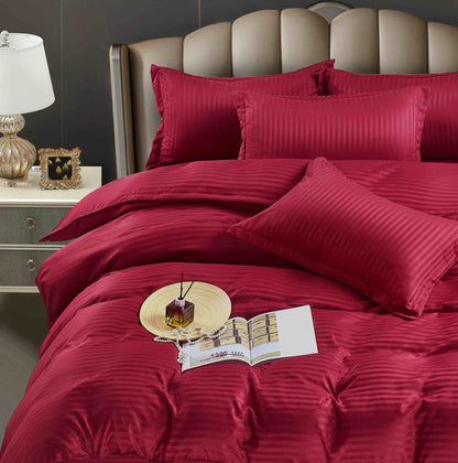 Lenjerie Bumbac Damasc Deluxe, 6 Piese cu Elastic, Grena-C5083