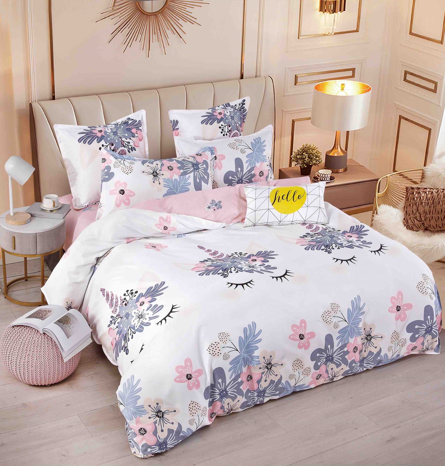 Lenjerie Pat Dublu din Finet, 6 Piese, cu Elastic, Unicorni-C8690