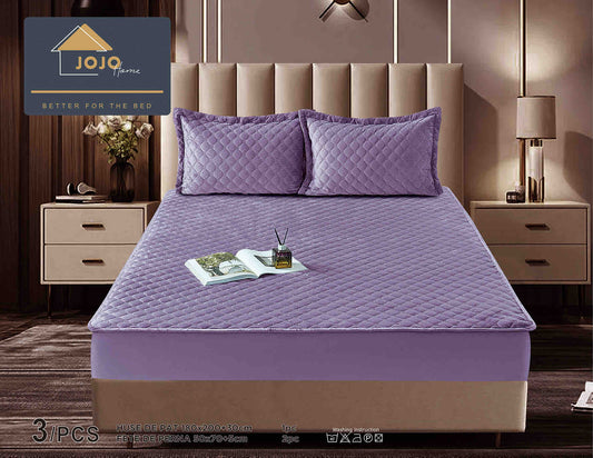 Husa matlasata tip topper din catifea, 180x200cm+2 fete de perna 50x70cm, Mov-C9585