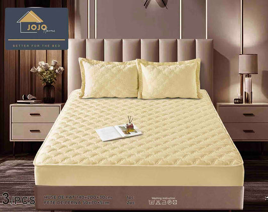 Husa matlasata tip topper din catifea, 140x200cm+2 fete de perna 50x70cm, Crem-C9586