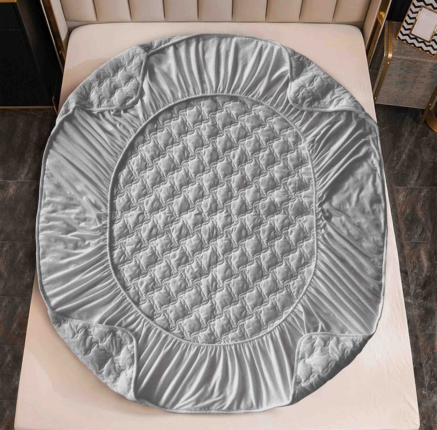 Husa matlasata tip topper din catifea, 140x200cm+2 fete de perna 50x70cm, Gri Deschis