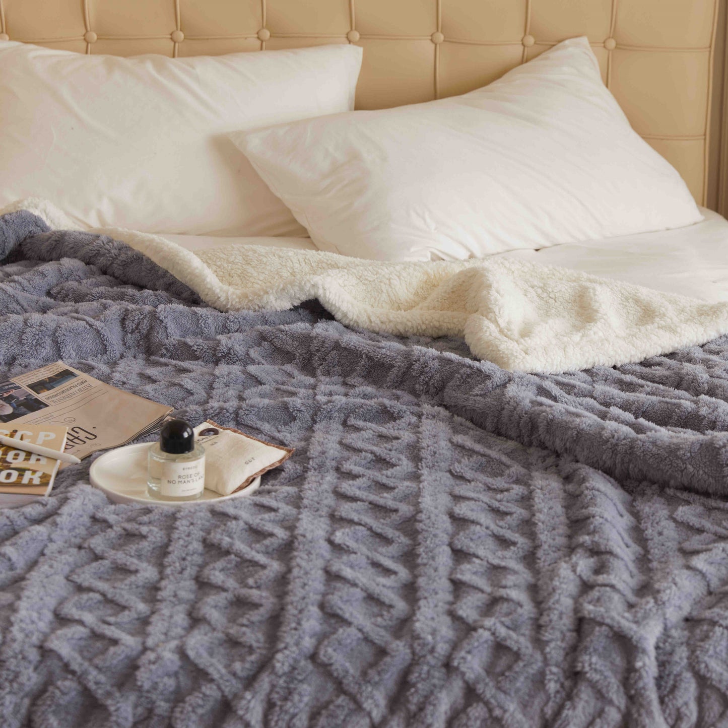 Patura Cocolino Tip Tricotaj, Cu Blanita, 200x230cm, Gri Albastrui-C9239