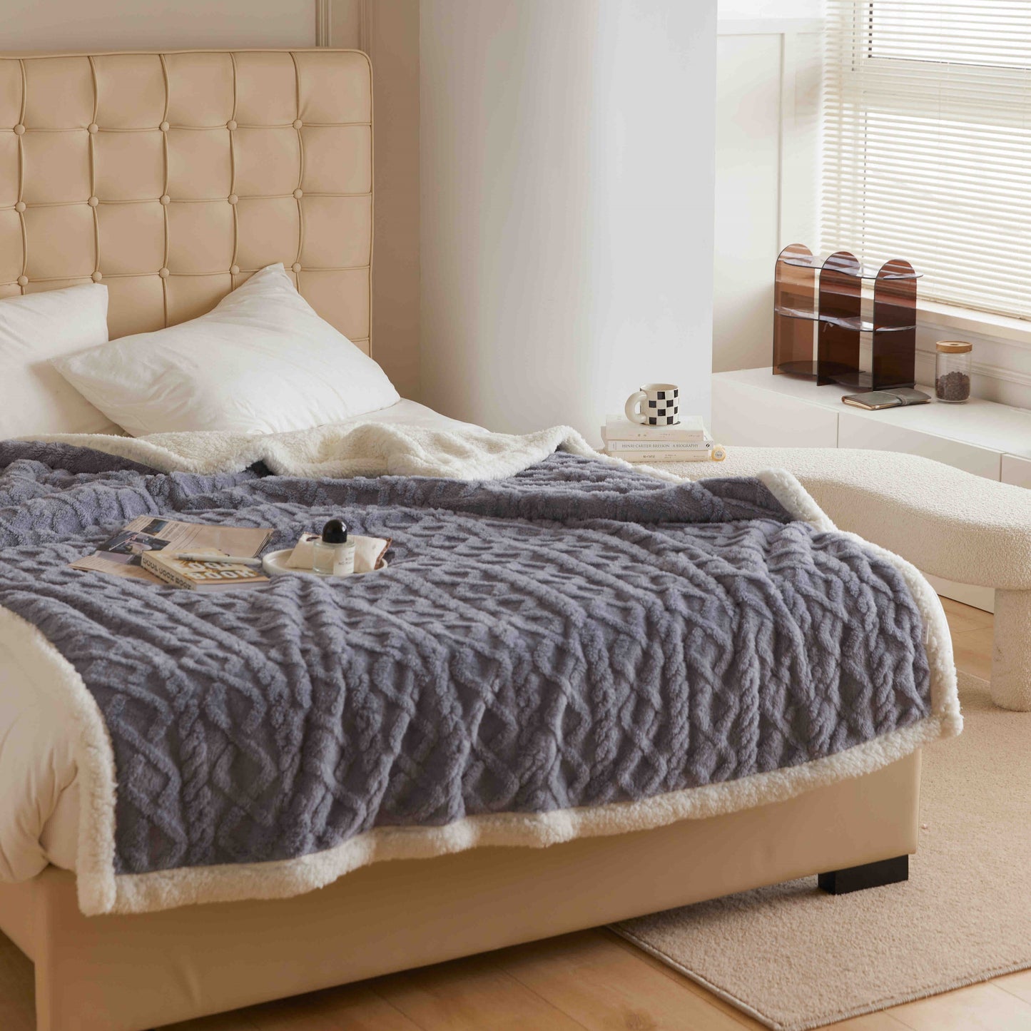 Patura Cocolino Tip Tricotaj, Cu Blanita, 200x230cm, Gri Albastrui-C9239