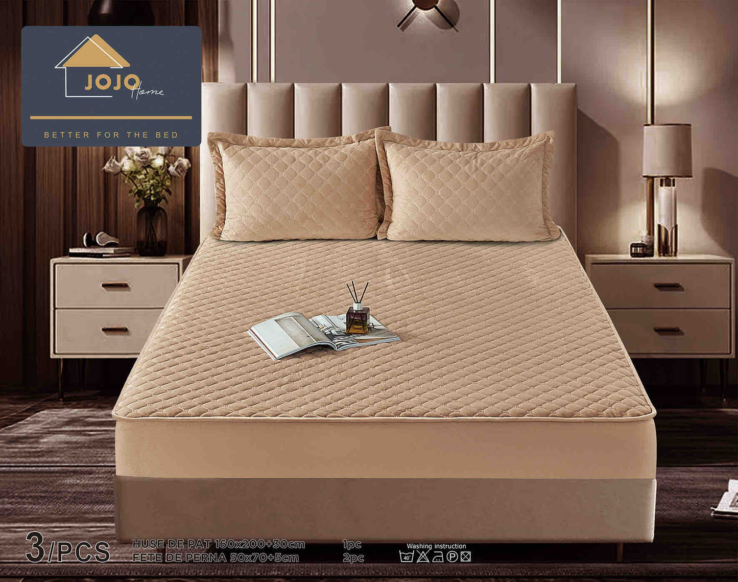 Husa matlasata tip topper din catifea, 160x200cm+2 fete de perna 50x70cm, Bej-C9587