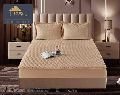 Husa matlasata tip topper din catifea, 160x200cm+2 fete de perna 50x70cm, Bej-C9587