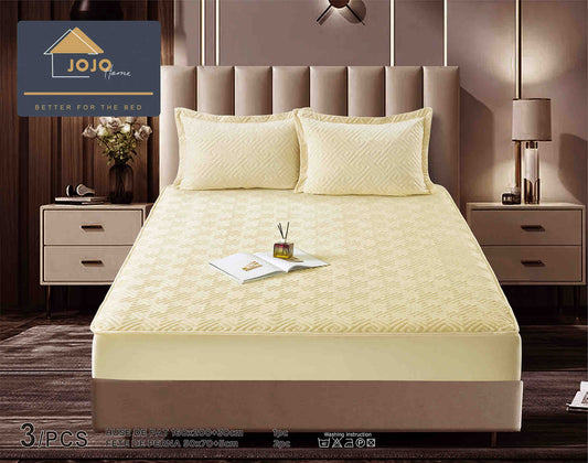 Husa matlasata tip topper din catifea, 160x200cm+2 fete de perna 50x70cm, Crem-C5872