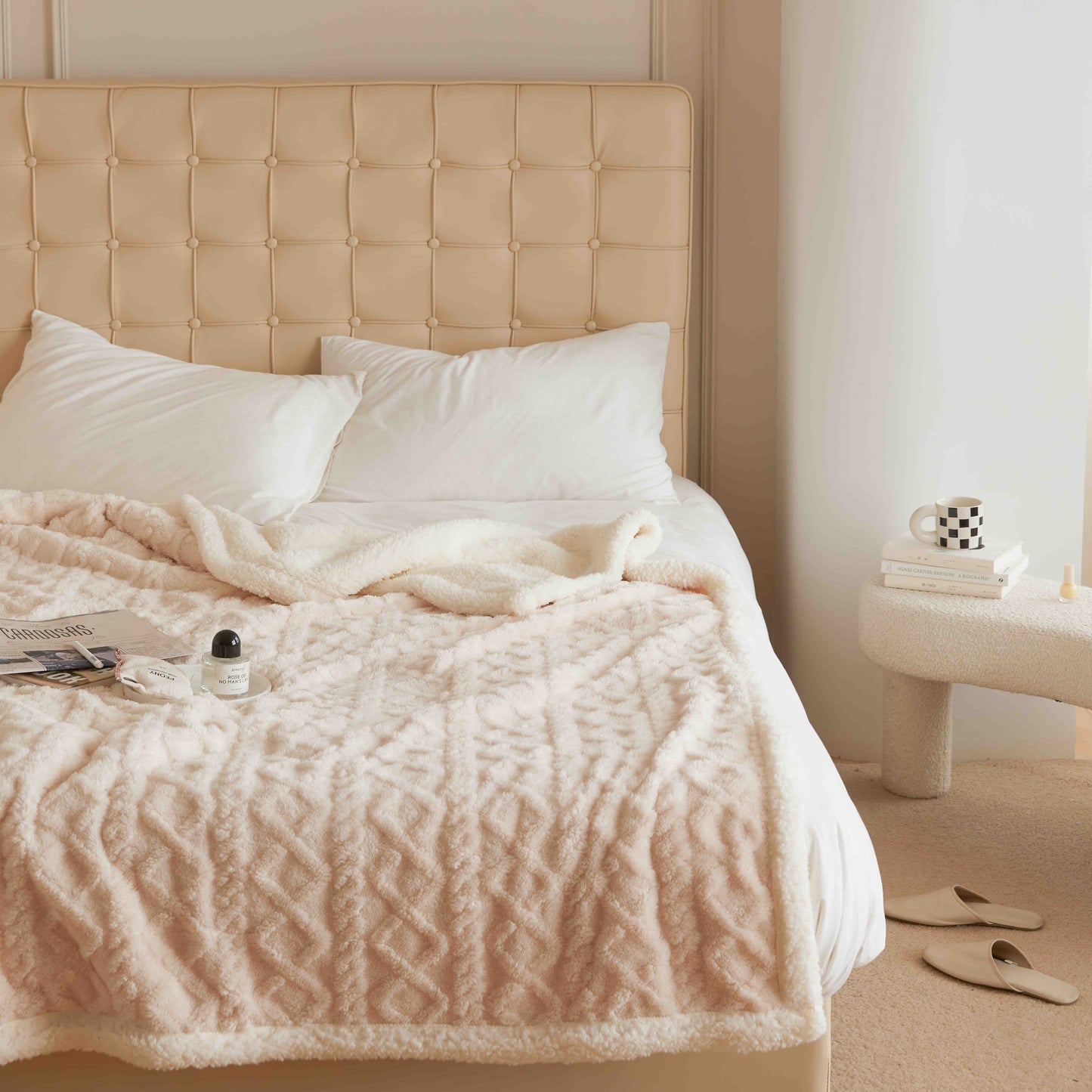 Patura Cocolino Tip Tricotaj, Cu Blanita, 200x230cm, Crem-C9235