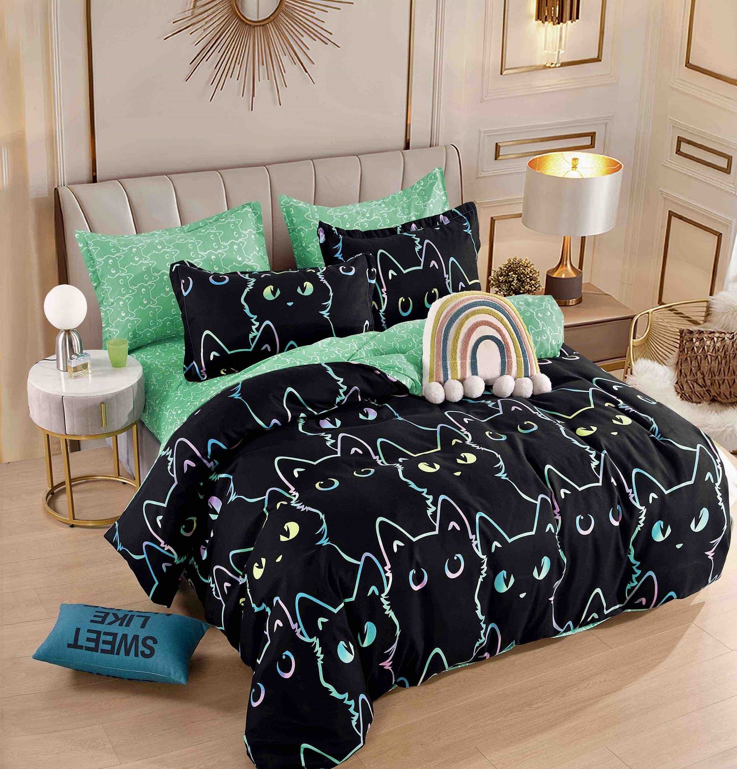 Lenjerie Pat Dublu din Finet, 6 Piese, cu Elastic, Negru/Pisicute-C8702