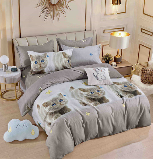 Lenjerie Pat Dublu din Finet, 6 Piese, cu Elastic, Gri/Pisicute-C8701