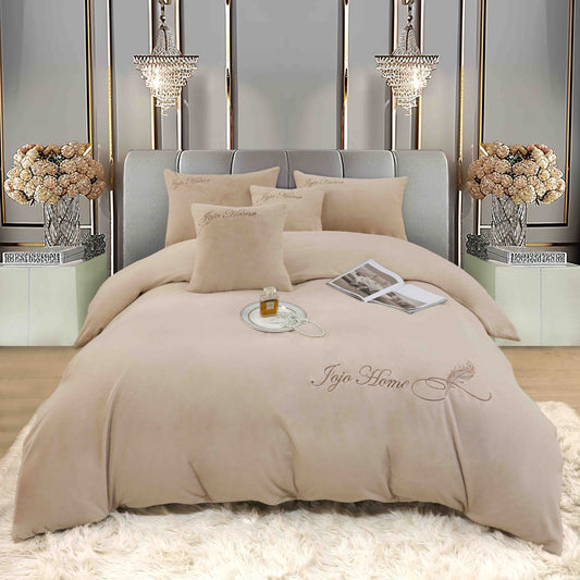 Lenjerie pat dublu, Brodata, din Blanita Artificiala De Iepure, cu Elastic, 6 piese, Bej-C9231
