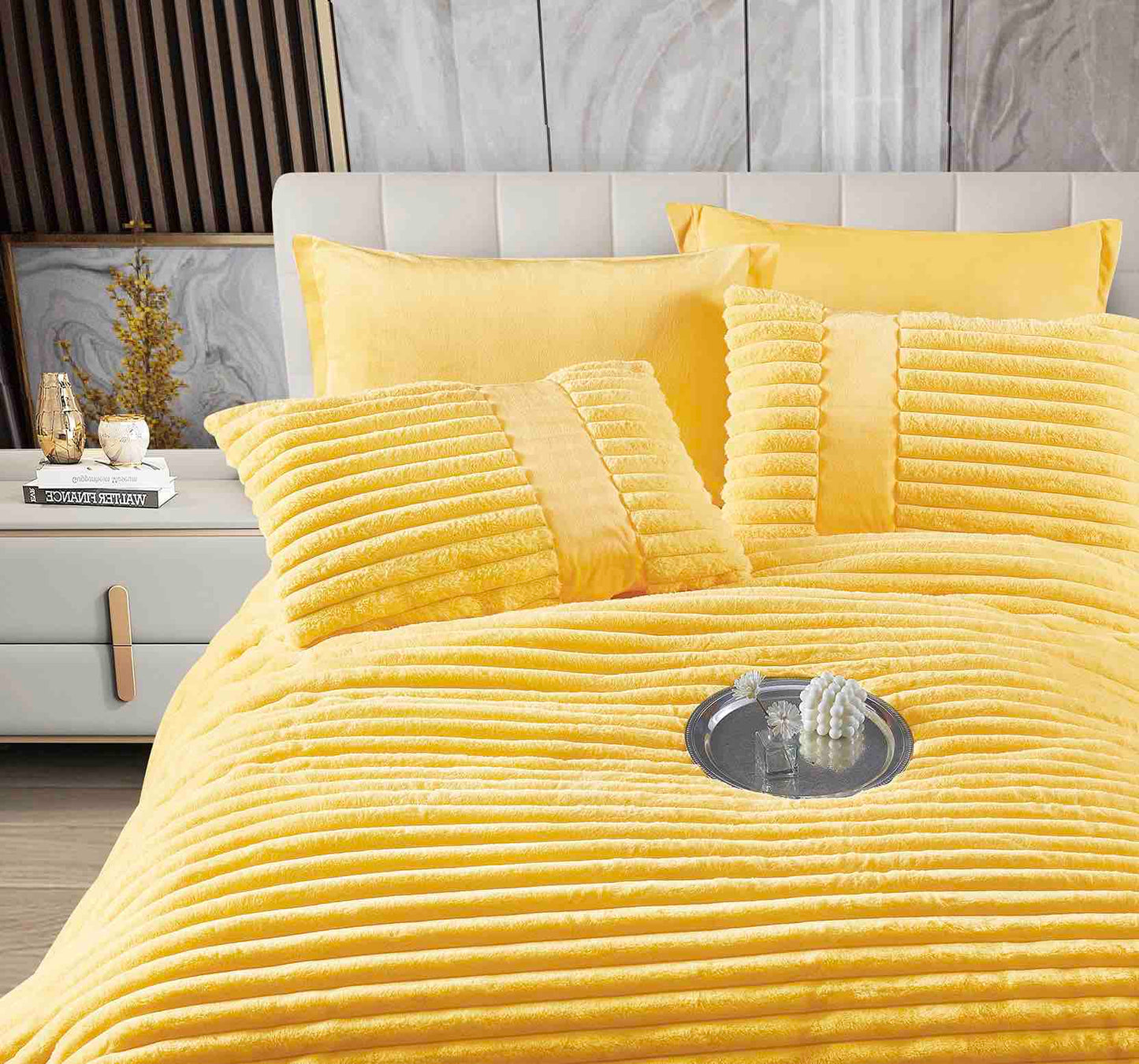 Lenjerie Pat cu Pilota Inclusa, Blanita Iepure Artificiala, Cearceaf de Pat Cu Elastic, 6 Piese, Galben-C9630