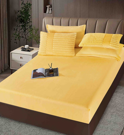 Lenjerie Pat cu Pilota Inclusa, Blanita Iepure Artificiala, Cearceaf de Pat Cu Elastic, 6 Piese, Galben-C9630