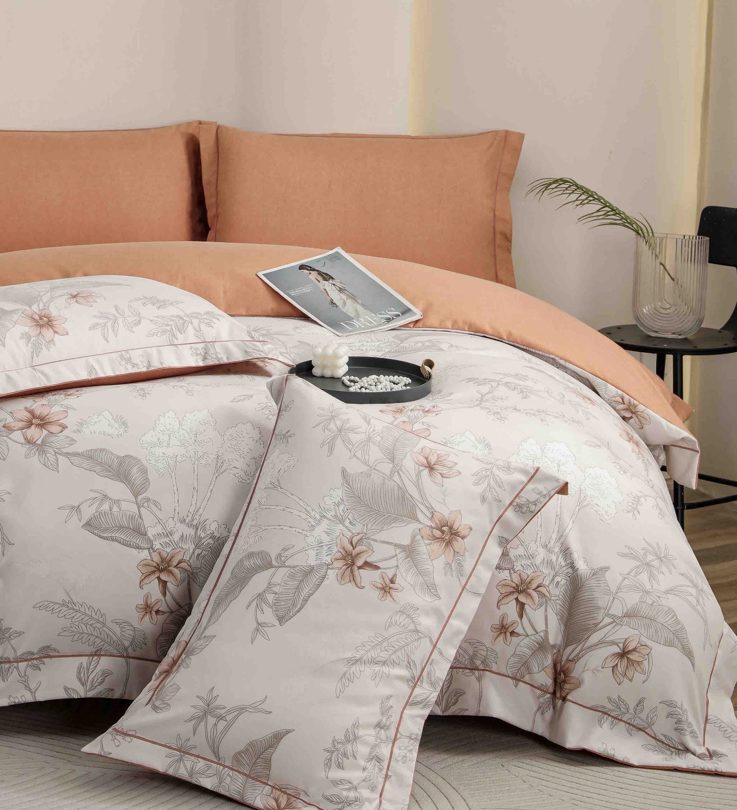 Lenjerie Premium Luxury din Finet, 6 Piese, cu Elastic, Flori/Frunze-C10774