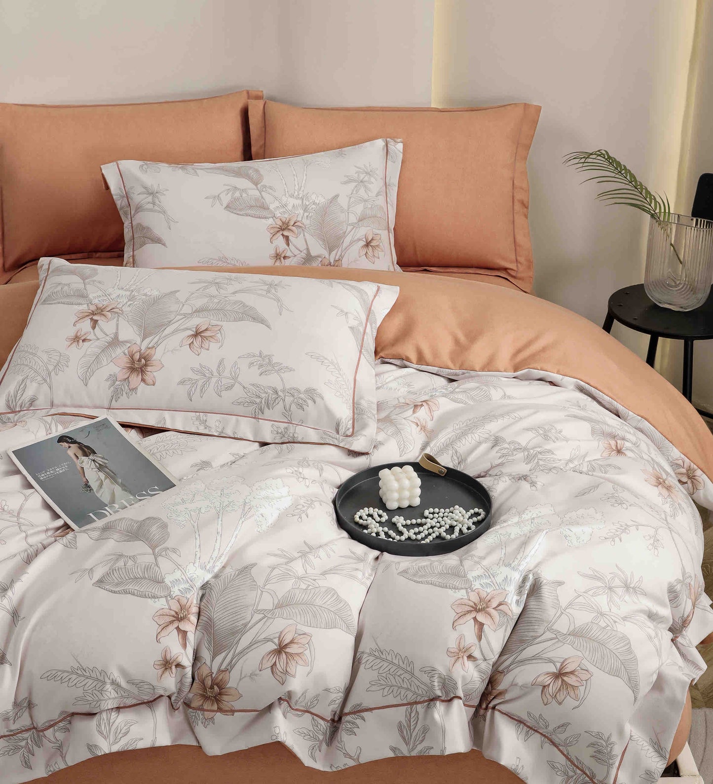 Lenjerie Premium Luxury din Finet, 6 Piese, cu Elastic, Flori/Frunze-C10774