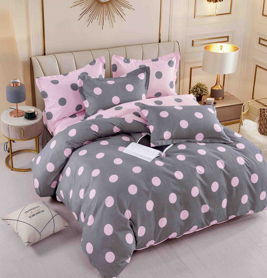 Lenjerie Pat Dublu din Finet, 6 Piese, cu Elastic, Gri/Buline-C8707