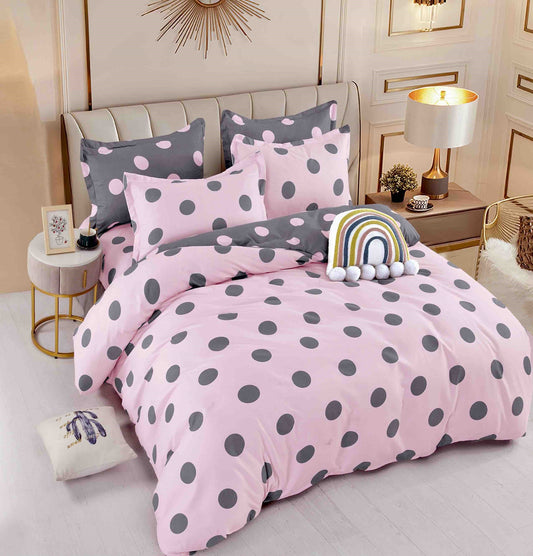 Lenjerie Pat Dublu din Finet, 6 Piese, cu Elastic, Roz/Buline-C8708