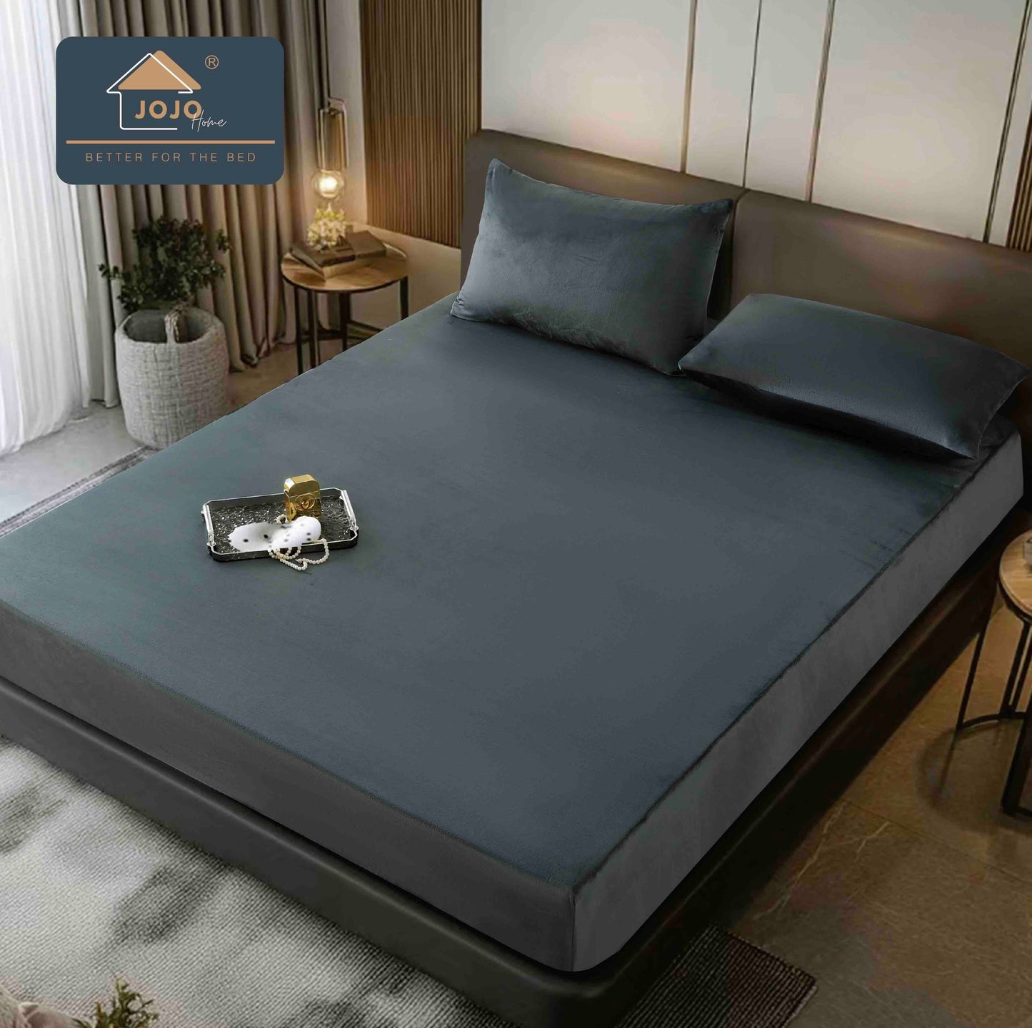 Husa de Pat cu Elastic+2 fete de perna, din Catifea, 180x200cm, Gri Inchis-C9242