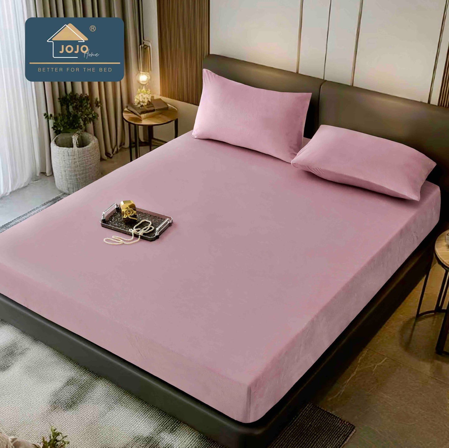 Husa de Pat cu Elastic+2 fete de perna, din Catifea, 180x200cm, Roz-C9240
