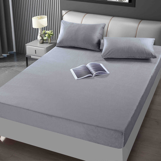 Husa de Pat cu Elastic+2 fete de perna, din Catifea, 180x200cm, Gri Deschis-C9248