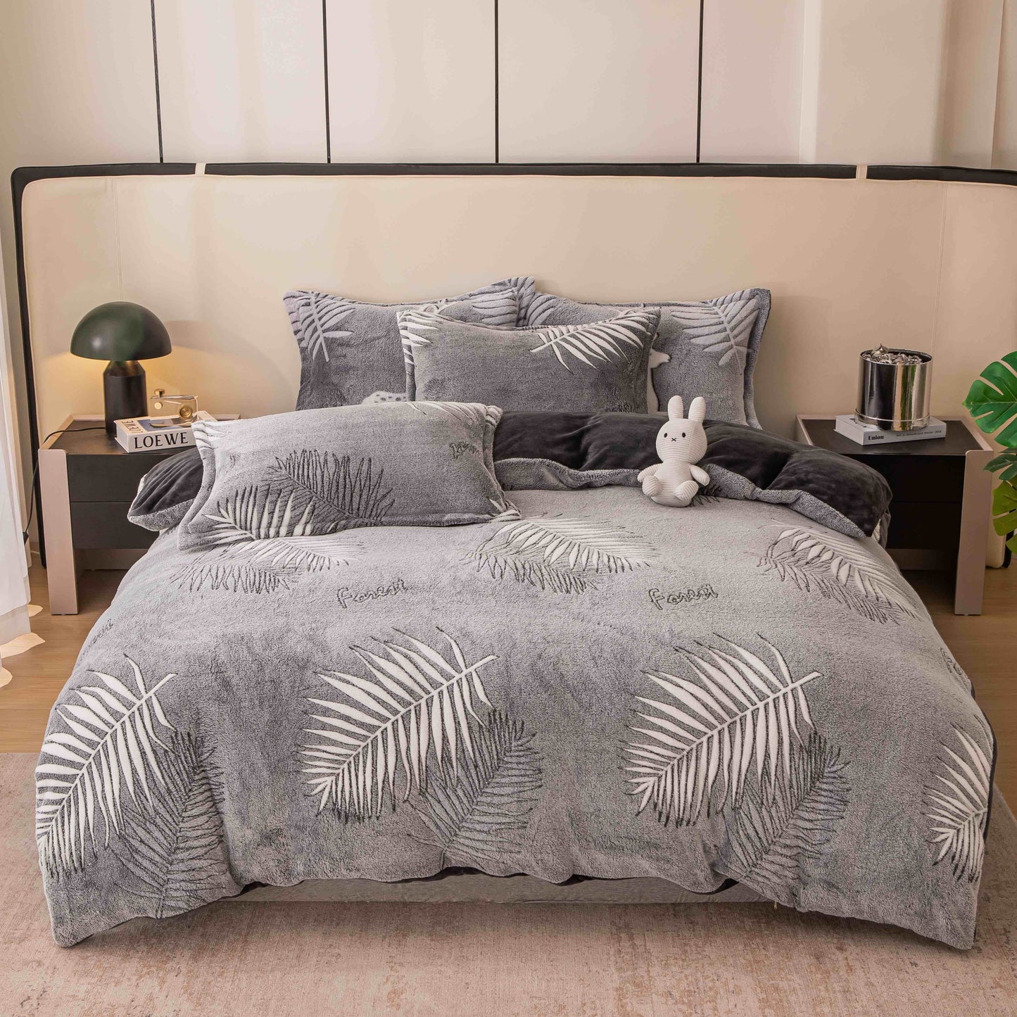 Lenjerie Cocolino 4 Piese cu Elastic, Pat Dublu, Gri/Ferigi-C9346