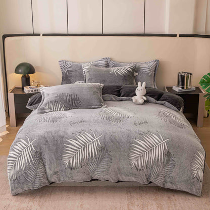 Lenjerie Cocolino 4 Piese cu Elastic, Pat Dublu, Gri/Ferigi-C9346