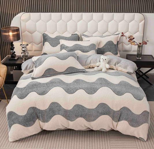 Lenjerie Cocolino 4 Piese cu Elastic, Pat Dublu, Valuri-C9348