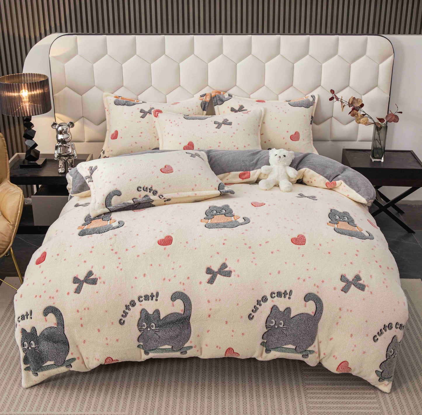Lenjerie Cocolino 4 Piese cu Elastic, Pat Dublu, Pisicute-C9347
