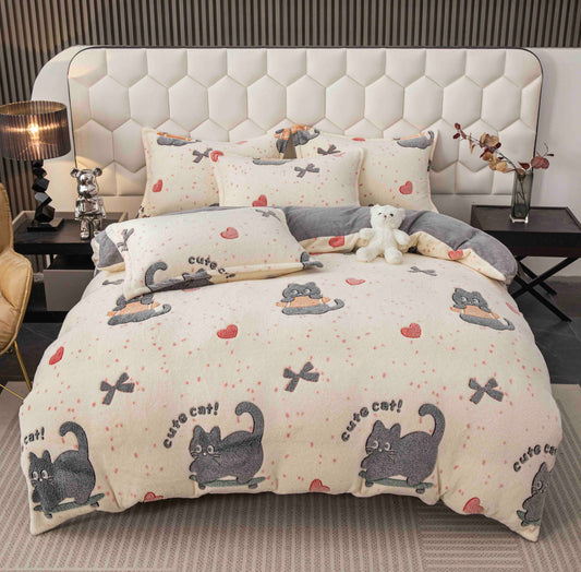 Lenjerie Cocolino 4 Piese cu Elastic, Pat Dublu, Pisicute-C9347