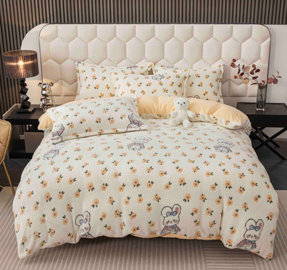 Lenjerie Cocolino 4 Piese cu Elastic, Pat Dublu, Iepurasi/Floricele-C9351