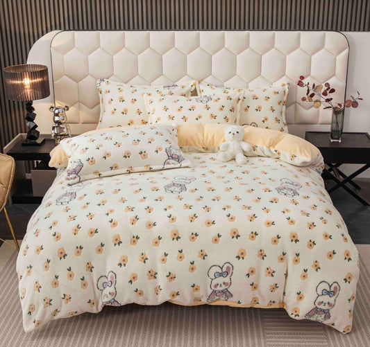 Lenjerie Cocolino 4 Piese cu Elastic, Pat Dublu, Iepurasi/Floricele-C9351
