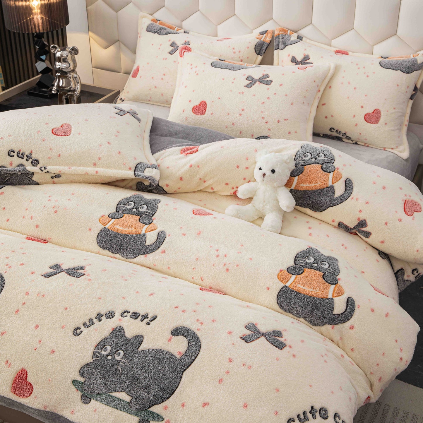 Lenjerie Cocolino 4 Piese cu Elastic, Pat Dublu, Pisicute-C9347